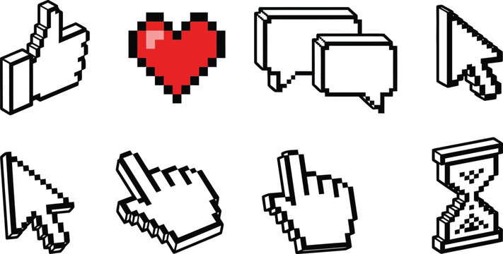 Pixel Art Icons Set humbs Up Heart Cursor Speech Bubble Vector.eps