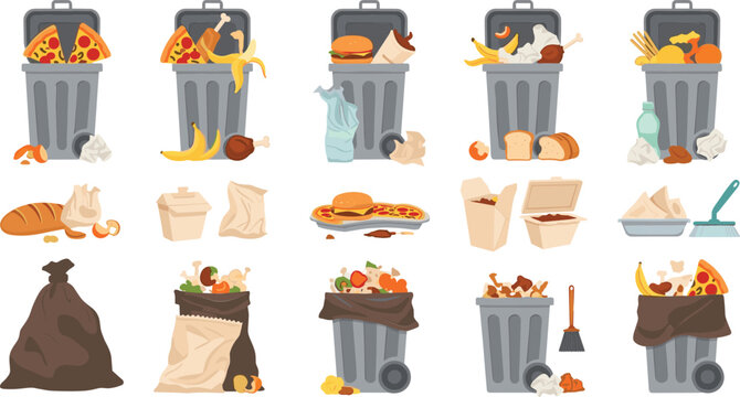 Food waste and garbage disposal concept with trash bins leftover food scraps recycling hygiene cartoon vector illustration set