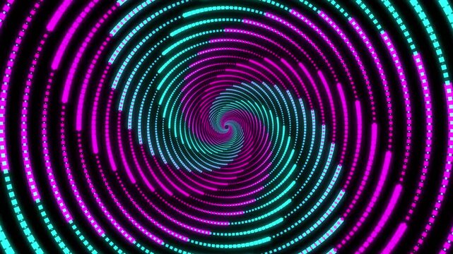 Abstract neon pink and blue glowing spiral background. Digital dashed line illusion