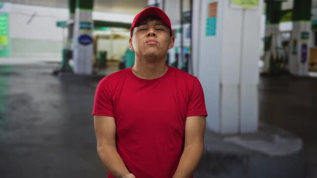 Man in red cap and red shirt with hands pressed together praying, palms near face while standing at a petrol station street pump island; desperation plea for help.