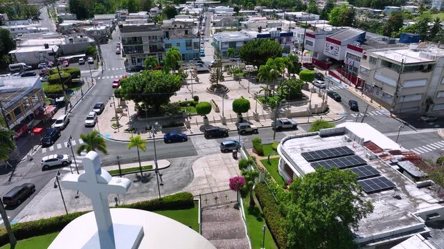 Drone footage from the spire of Nuestra Se&ntilde;ora de la Monserrate toward the Town Square, Moca, PR.
