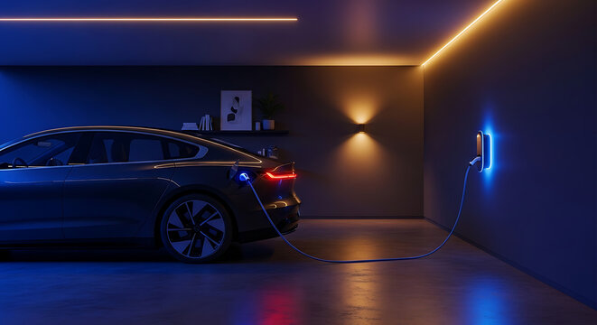 An electric car charging in a modern garage at night