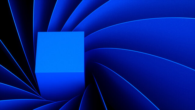 Abstract 3D render of a blue cube placed in the center of a spiral wave background. Futuristic blue composition with geometric pedestal and curved plates.