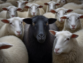Fototapeta premium Black sheep standing out from white herd