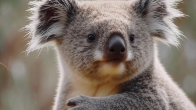A video of a koala sitting on a tree branch in a natural outdoor setting