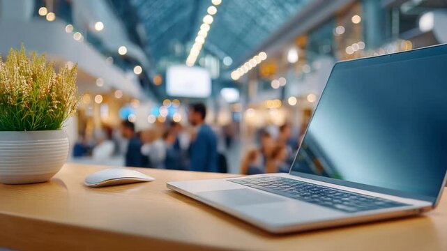 Digital Workspace: A sleek, modern laptop sits open on a polished wooden desk, accompanied by a wireless mouse and a decorative potted plant, the perfect embodiment of a contemporary workspace.
