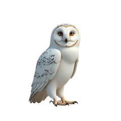 Cute cartoon snowy owl standing proudly with a friendly expression against a plain background, perfect for children's illustrations and educational materials. on transparent background
