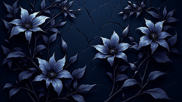 Luxury embossed Black Star flower mural on misty gray background. Embossed Blacknight blossoms with silver accents on sapphire blue. Embossed Black Baccara rose with golden petals on dark backdrop.

