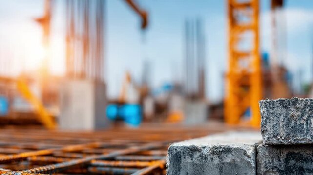 Construction Site at Sunrise: An image shows a construction site at sunrise, with a blurred view of cranes and the structure of the building. Focus is on construction material in the foreground.