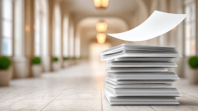Stack of Paper Documents with Flying Sheet in Bright Hallway, Office Paperwork Concept