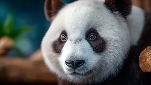 Gentle Giant Panda Portrait: A close-up shot of an adorable giant panda, its distinctive black and white fur, and captivating eyes. Expressing tranquility and charm.