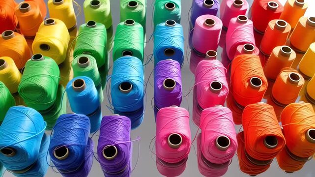 Rainbow Rows of Vibrant Thread Spools on Reflective Surface