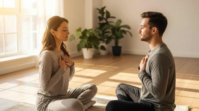 Young couple meditating together, practicing mindful deep breathing for panic attack relief, managing anxiety, promoting mental wellness, stress reduction, serene home environment emotional well being