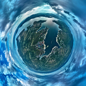 Dramatic Little Planet 360 panorama of Bukhtarma Reservoir in Kazakhstan with sunbeams (Qazaqstan)
