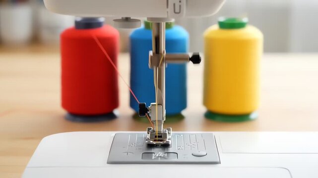 Modern sewing machine needle in motion with colorful thread spools