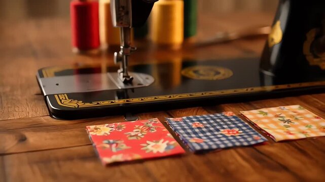 Vintage Sewing Machine with Colorful Threads and Fabric Patches