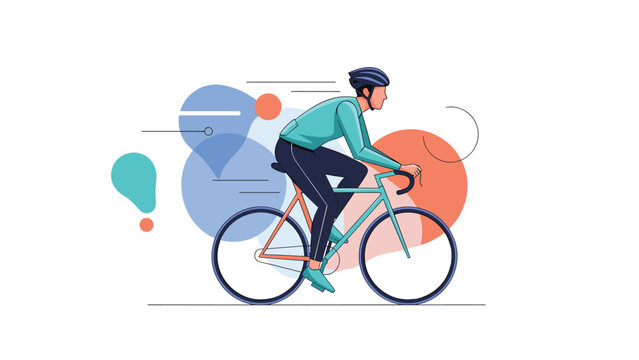 Male athlete riding a road bicycle fast against a creative abstract background with colorful circles and lines.
