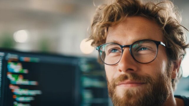 Focused Programmer at Work: A close-up shot of a focused programmer, glasses perched, face illuminated by the glow of the screen, symbolizing expertise and innovation in the digital age.