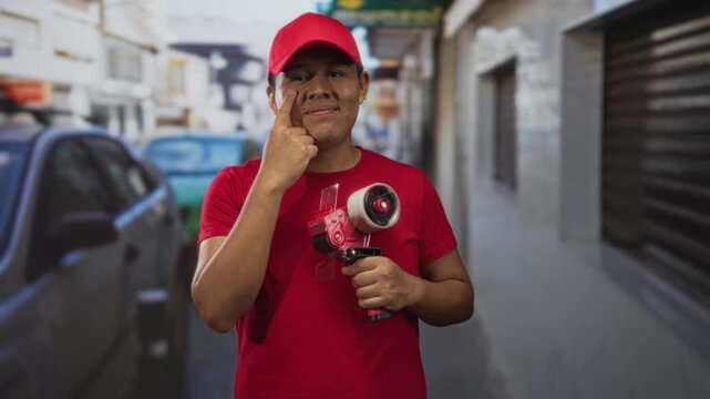 Man points finger to cheek while holding a tape dispenser and wearing a red cap on a busy urban street near parked cars and storefronts; service pride.