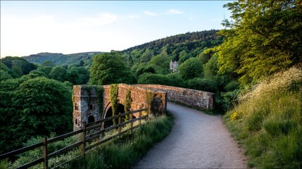 Fototapeta premium A winding gravel path leading through a stone arch bridge covered in ivy towards a distant village church, golden hour light