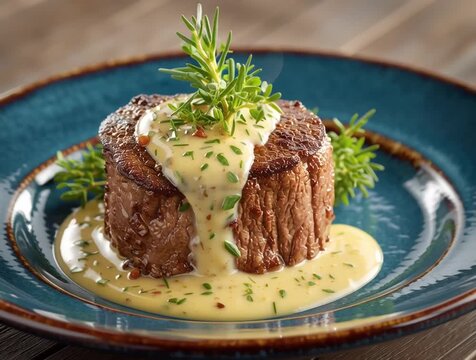 Filet mignon steak with peppercorn sauce and fresh herbs