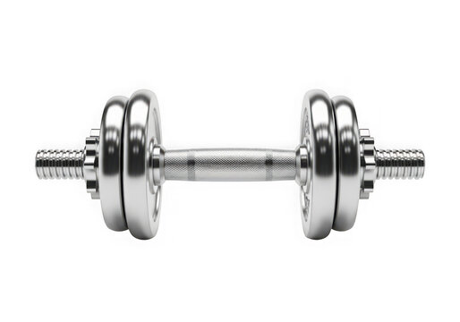 Shiny chrome dumbbell with two weights on either side isolated on transparent background