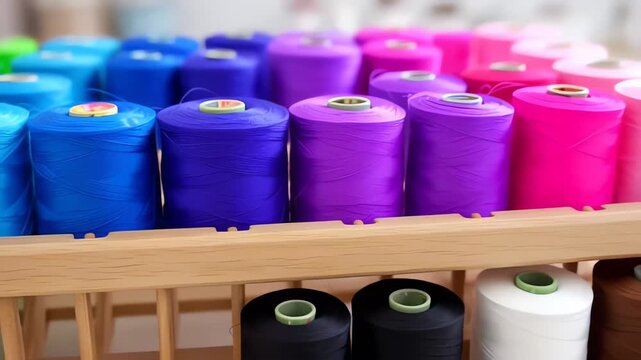 Colorful Sewing Thread Spools on Wooden Rack