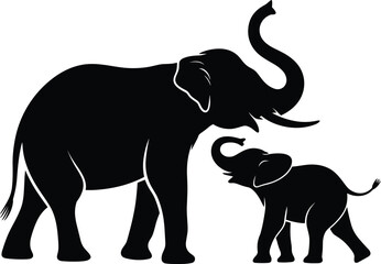 Fototapeta premium Black silhouette of adult elephant with juvenile, trunks raised in interaction, symbolizing family bond, wildlife nature art, minimal design