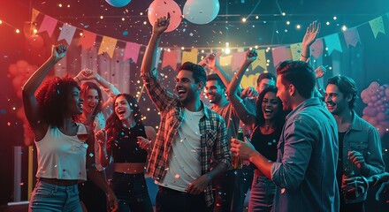 Fototapeta premium Party Friends Dancing with Confetti and Balloons at a Lively Celebration