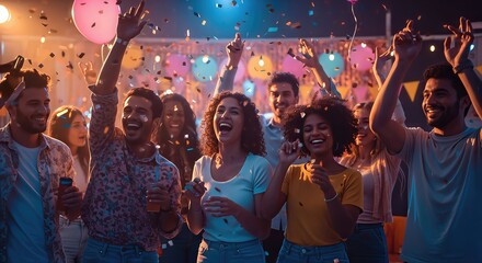 Obraz premium People Celebrating at a Party with Confetti and Balloons