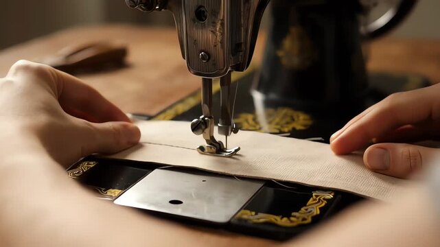 Hands sewing fabric on vintage mechanical sewing machine