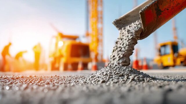 Pouring Concrete on Construction Site: The gritty process of laying down concrete on a bustling construction site under the warm sun, a symbol of progress and infrastructural development.