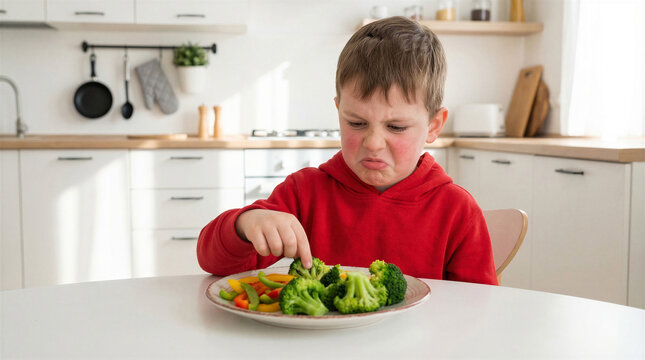Young boy in red hoodie refusing to eat broccoli and vegetables on a plate, showing disgust and dislike for food