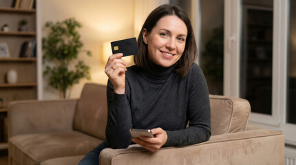 Obraz premium Smiling woman sitting on a sofa at home holding a black credit card and a smartphone for online shopping
