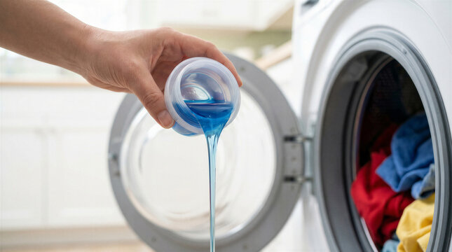 Hand pouring blue liquid laundry detergent into a washing machine compartment for cleaning clothes at home