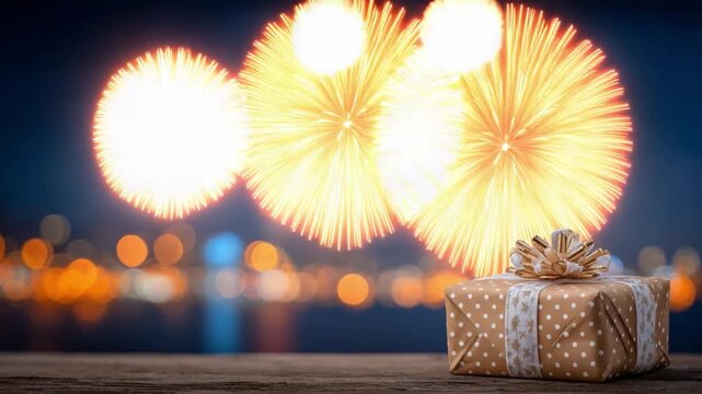 Celebratory Gift under the Fireworks: A beautifully wrapped gift box sits in the foreground, illuminated by the vibrant bursts of fireworks exploding in the night sky.