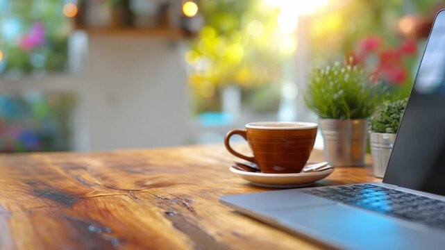 Coffee Cup and Laptop on Wooden Desk: A warm cup of coffee and a modern laptop sit gracefully on a wooden table, illuminated by the soft sunlight. Capturing the essence of a serene work atmosphere.