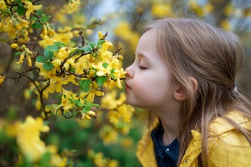 Fototapeta premium a young girl sniffing at yellow flowers on a tree, in a spring garden, an outdoor portrait of a child amid a natural background. 