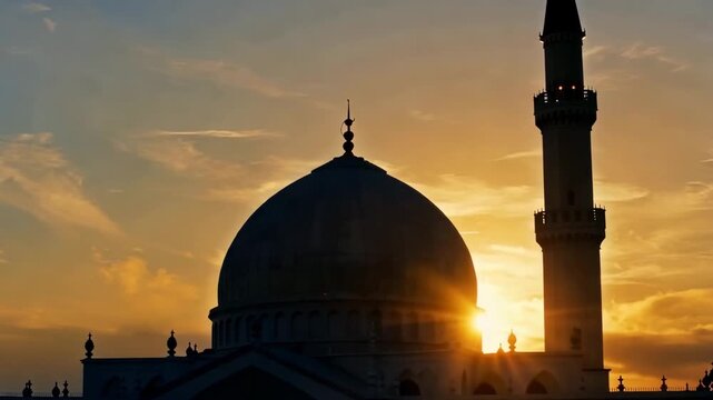 The majestic silhouette of a mosque with its grand dome and towering minaret stands against a dramatic fiery sunset.
