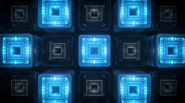 Blue glowing square grid animation with luminous layered frames, forming a futuristic abstract technology background with seamless symmetrical motion and digital depth