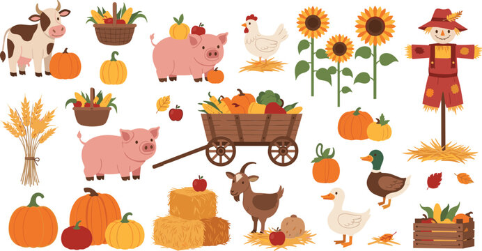 Autumn farm harvest elements with pumpkins animals scarecrow vegetables and hay countryside cartoon vector illustration set