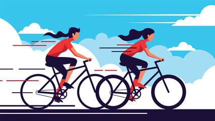 Fototapeta premium Two female cyclists riding their bikes at high speed against a scenic blue sky with white clouds in an active outdoor lifestyle scene.
