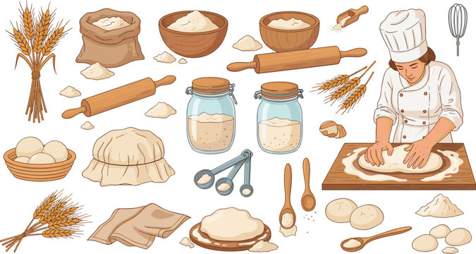 Baker preparing dough with flour wheat baking tools bread ingredients and pastry process hand drawn vector illustration set