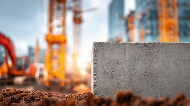 Construction Site Progress: A close-up view of a concrete block on a bustling construction site, with cranes and unfinished buildings hinting at progress, innovation, and development.