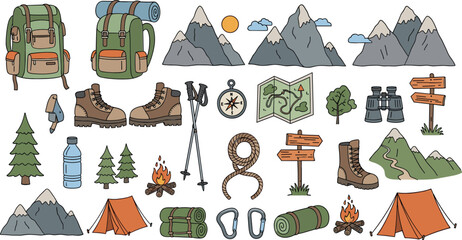 Camping and hiking adventure elements with backpack tent mountains compass and gear cartoon vector illustration set © Sumon Creative