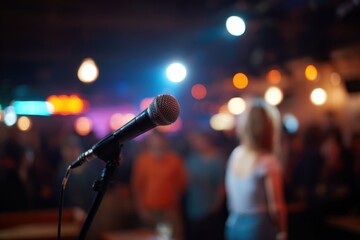 Obraz premium Microphone on stage with blurred crowd in background at a live music event