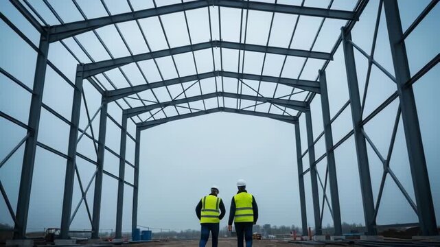 Two male construction workers walk inside a large steel frame warehouse. Industrial building structure under development by engineers in high visibility safety vest.