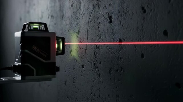Laser level projecting a red line on a concrete wall. Construction tool used for leveling and alignment measurement in building renovation and interior design work.