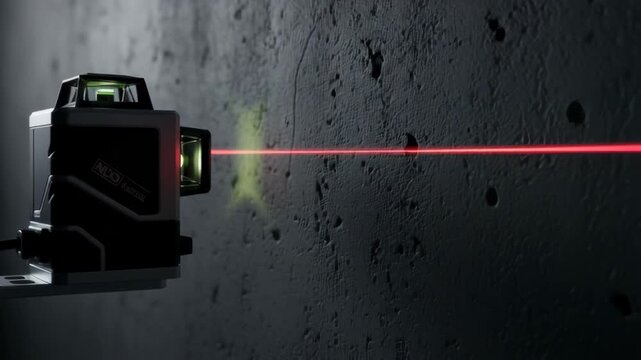 Laser level projecting a red line on a concrete wall. Professional construction tool for alignment and measurement. Precision device used in building renovation.
