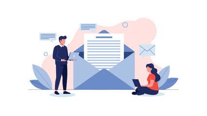 Two professional people working on laptops next to a giant open envelope with an email document for communication and marketing.